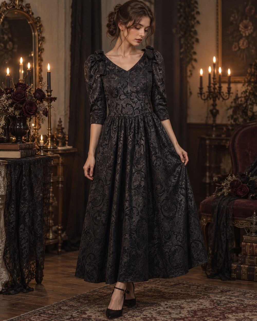 Lanz Originals Vintage Black Damask Maxi Dress Goth Dark Romantic Size 4 USA